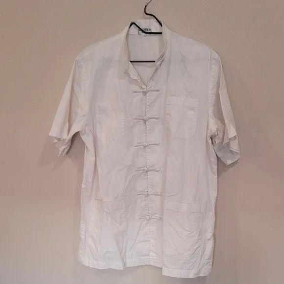 White SS Shirt with Mandarin Collar and traditional frog button closures. - Picture 2 of 11